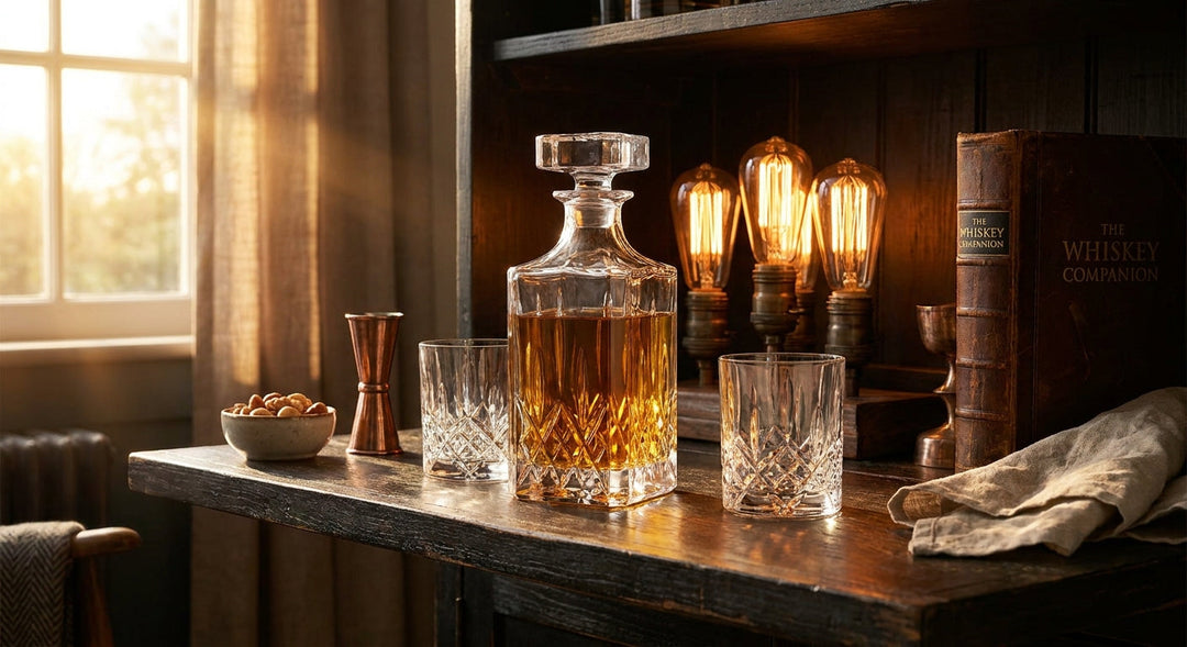 A crystal whiskey decanter filled with amber whiskey rests on a warm wooden home bar shelf surrounded by matching glasses and soft golden light.